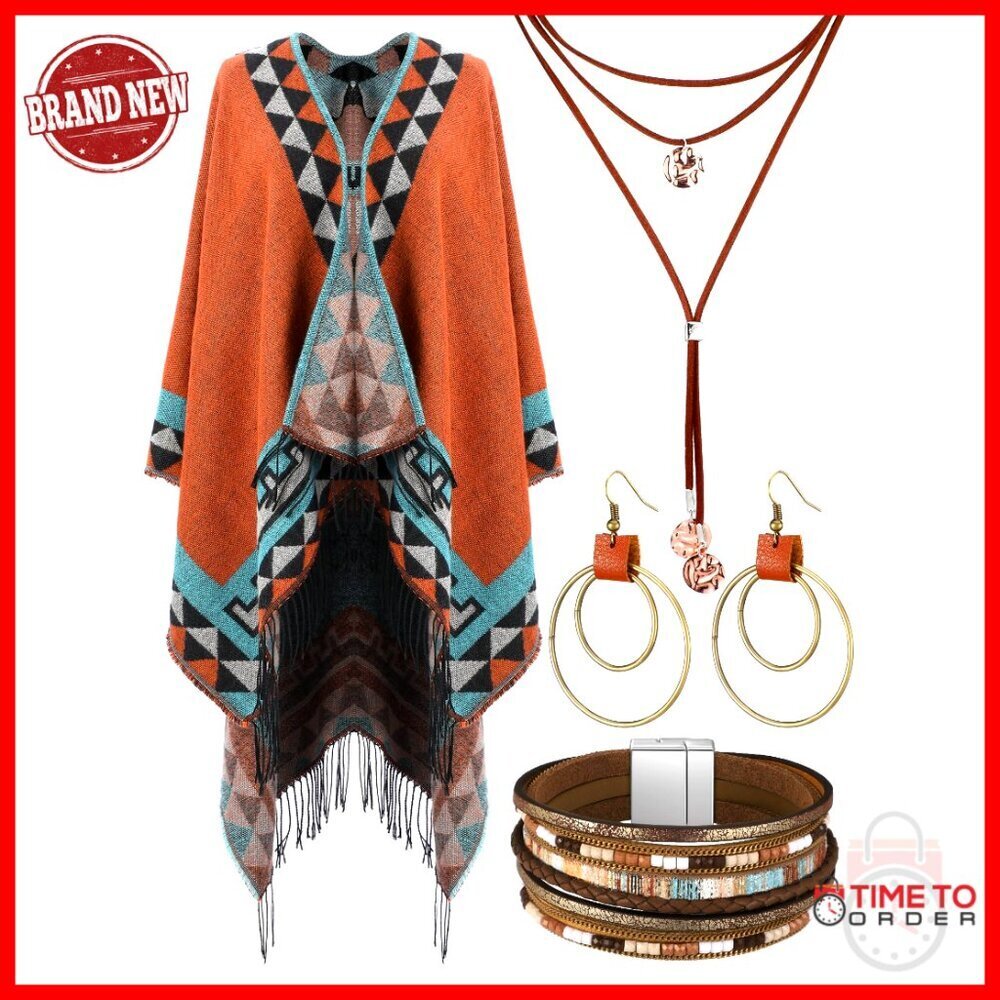 Bohemian Layered Leather Jewelry Set with Open Front Cape Accessories